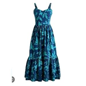 J. Crew Navy and Teal Leaf Pattern Dress